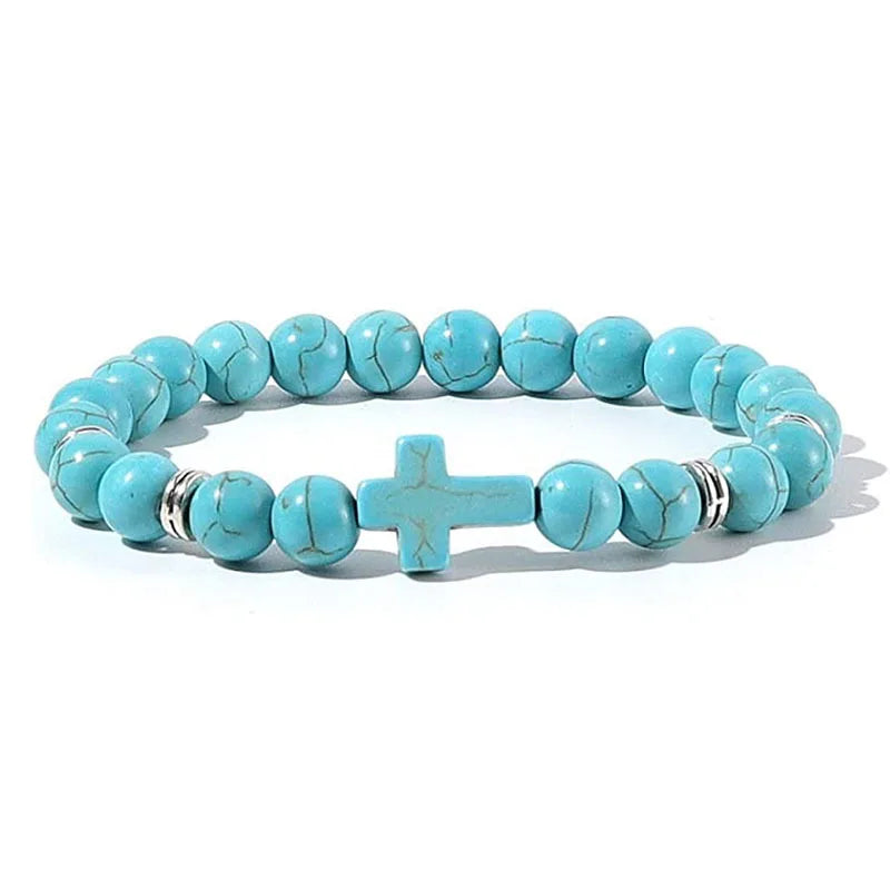 Natural Stone Wood Beads Rosary Hematite Cross Bracelets