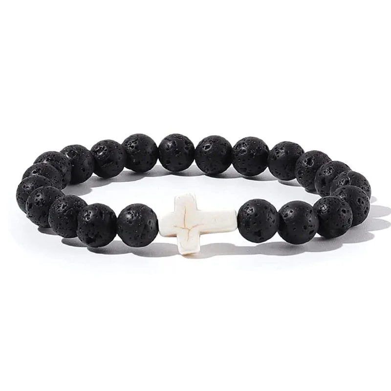 Natural Stone Wood Beads Rosary Hematite Cross Bracelets