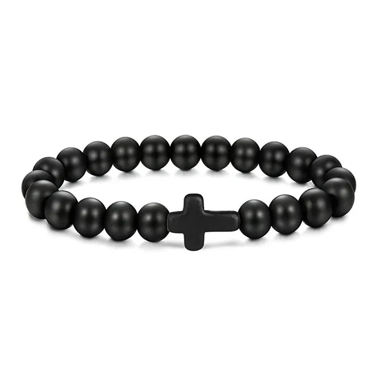 Natural Stone Wood Beads Rosary Hematite Cross Bracelets