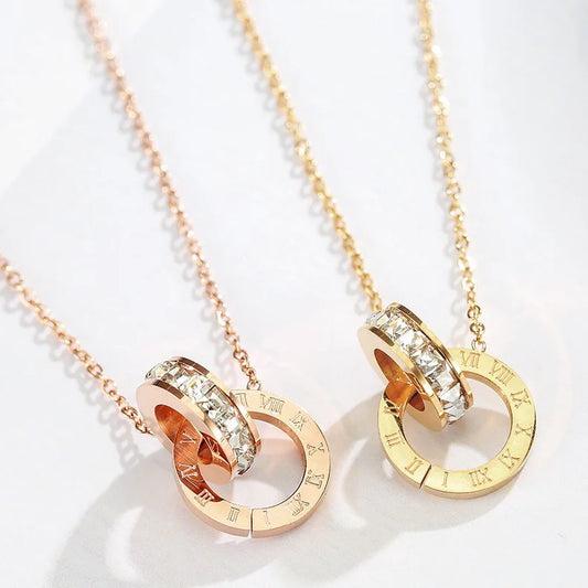 18K Gold Plated Stainless Steel Interlocking Circles Infinity Style Roman Numbers Wedding Statement Collar Necklace For Women