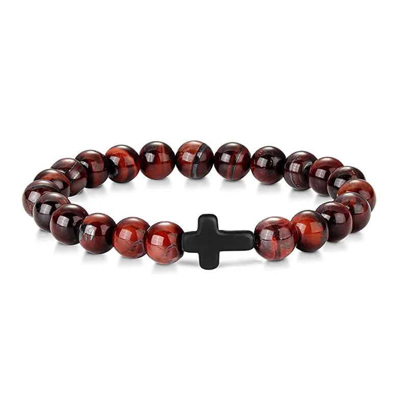 Natural Stone Wood Beads Rosary Hematite Cross Bracelets