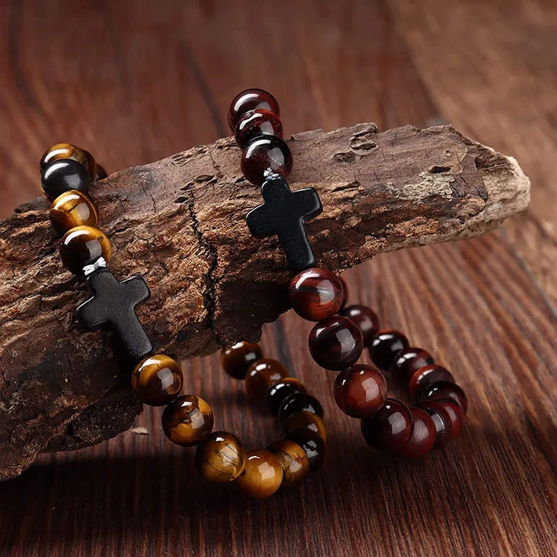 Natural Stone Wood Beads Rosary Hematite Cross Bracelets