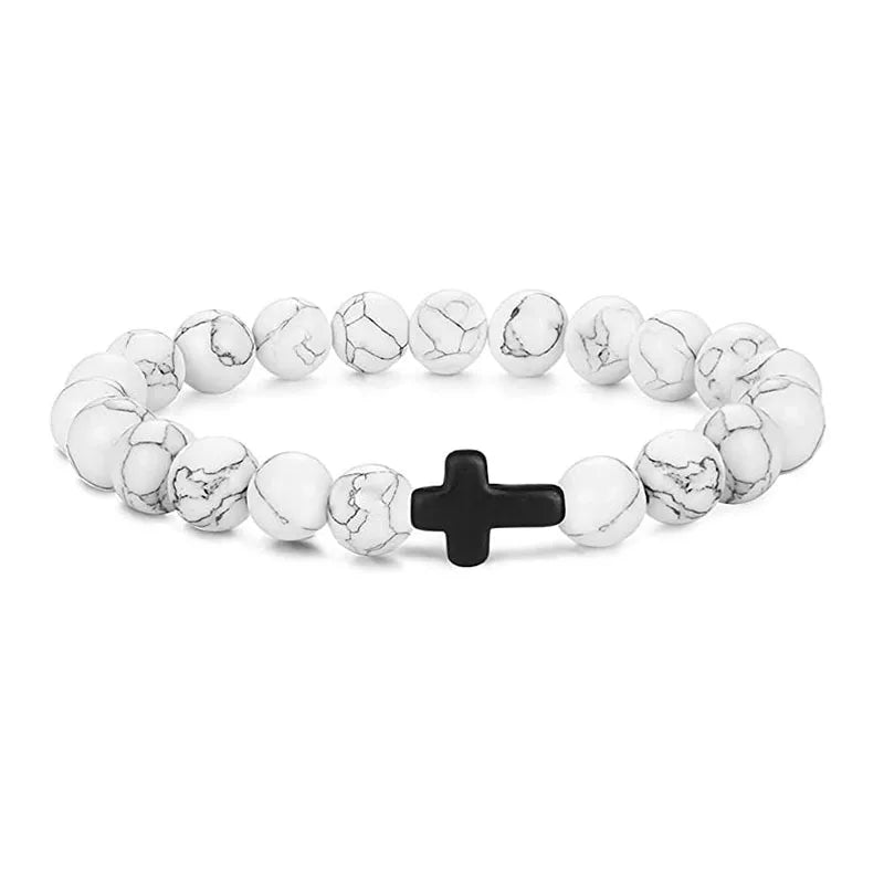Natural Stone Wood Beads Rosary Hematite Cross Bracelets