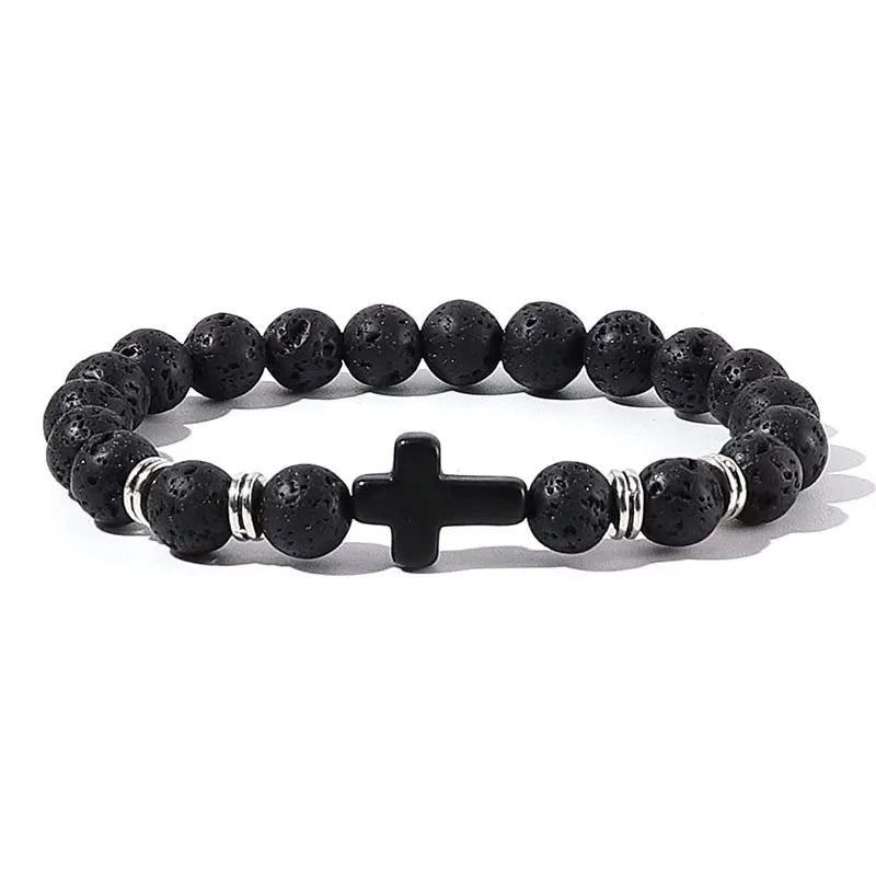 Natural Stone Wood Beads Rosary Hematite Cross Bracelets
