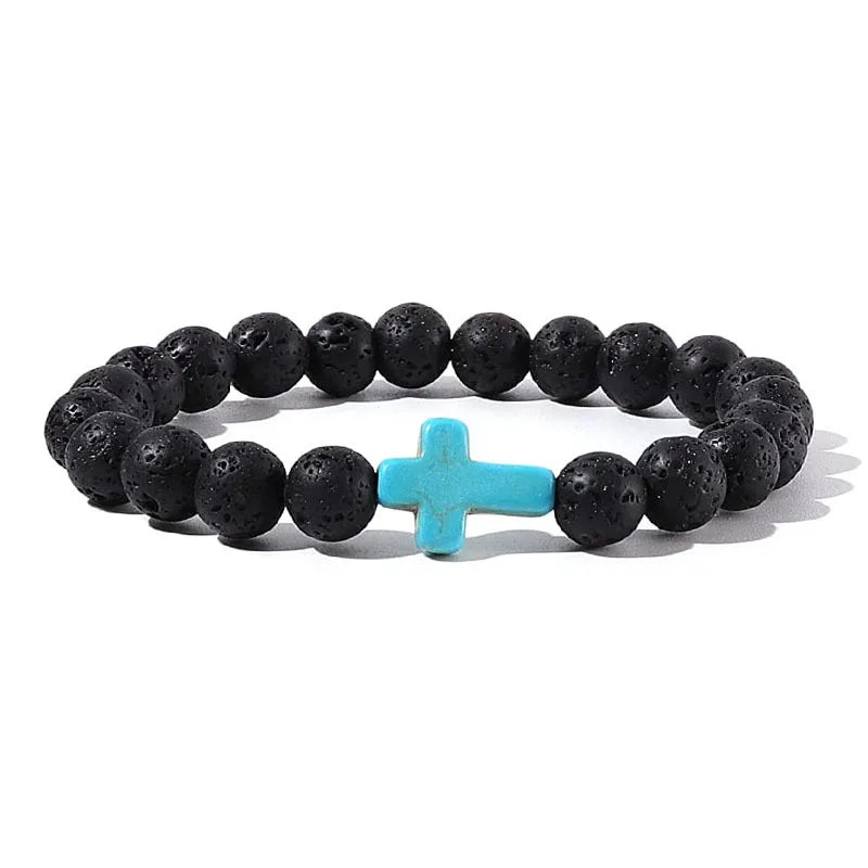Natural Stone Wood Beads Rosary Hematite Cross Bracelets