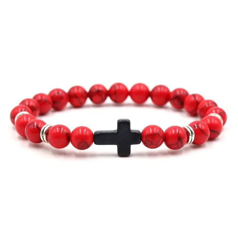 Natural Stone Wood Beads Rosary Hematite Cross Bracelets