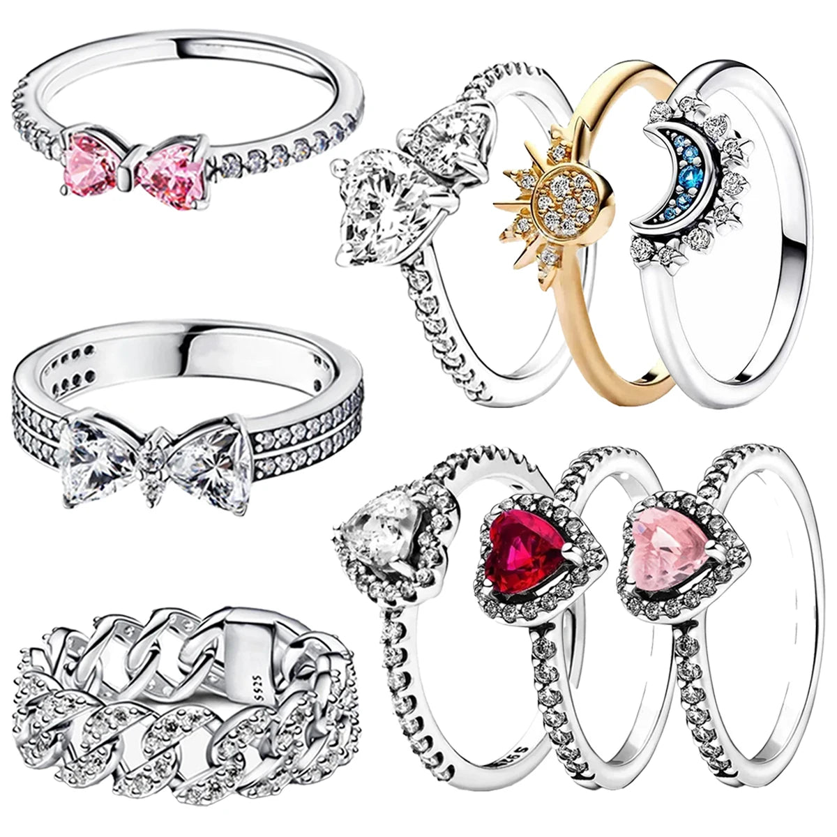 Original 925 Sterling Silver Ring Bow Heart Sun Moon With Colorful Crystal Rings