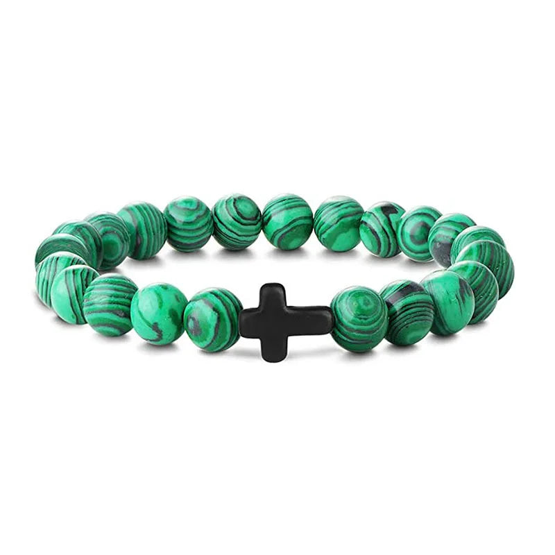 Natural Stone Wood Beads Rosary Hematite Cross Bracelets