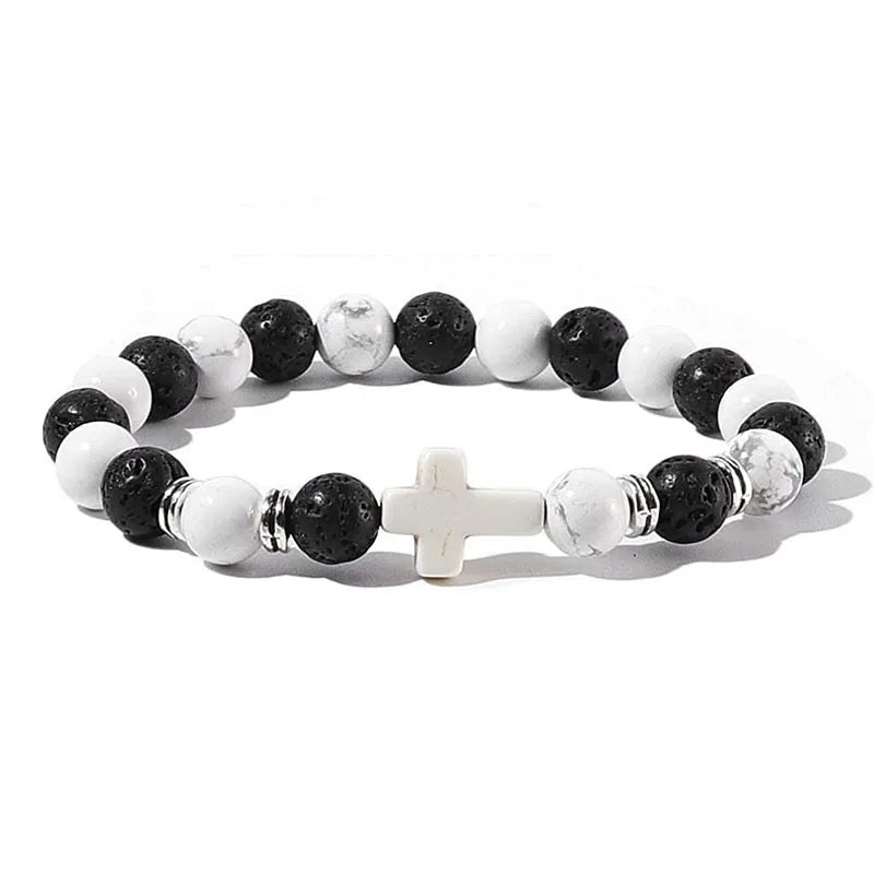Natural Stone Wood Beads Rosary Hematite Cross Bracelets