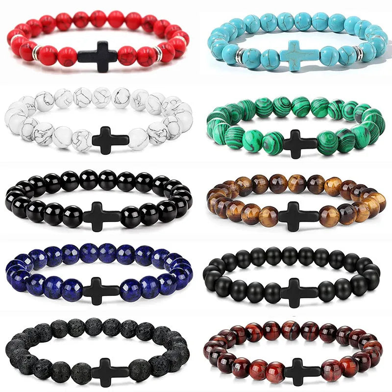 Natural Stone Wood Beads Rosary Hematite Cross Bracelets
