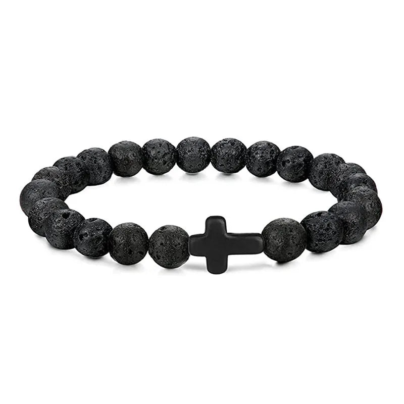 Natural Stone Wood Beads Rosary Hematite Cross Bracelets