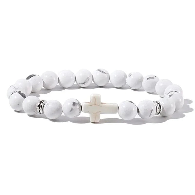 Natural Stone Wood Beads Rosary Hematite Cross Bracelets