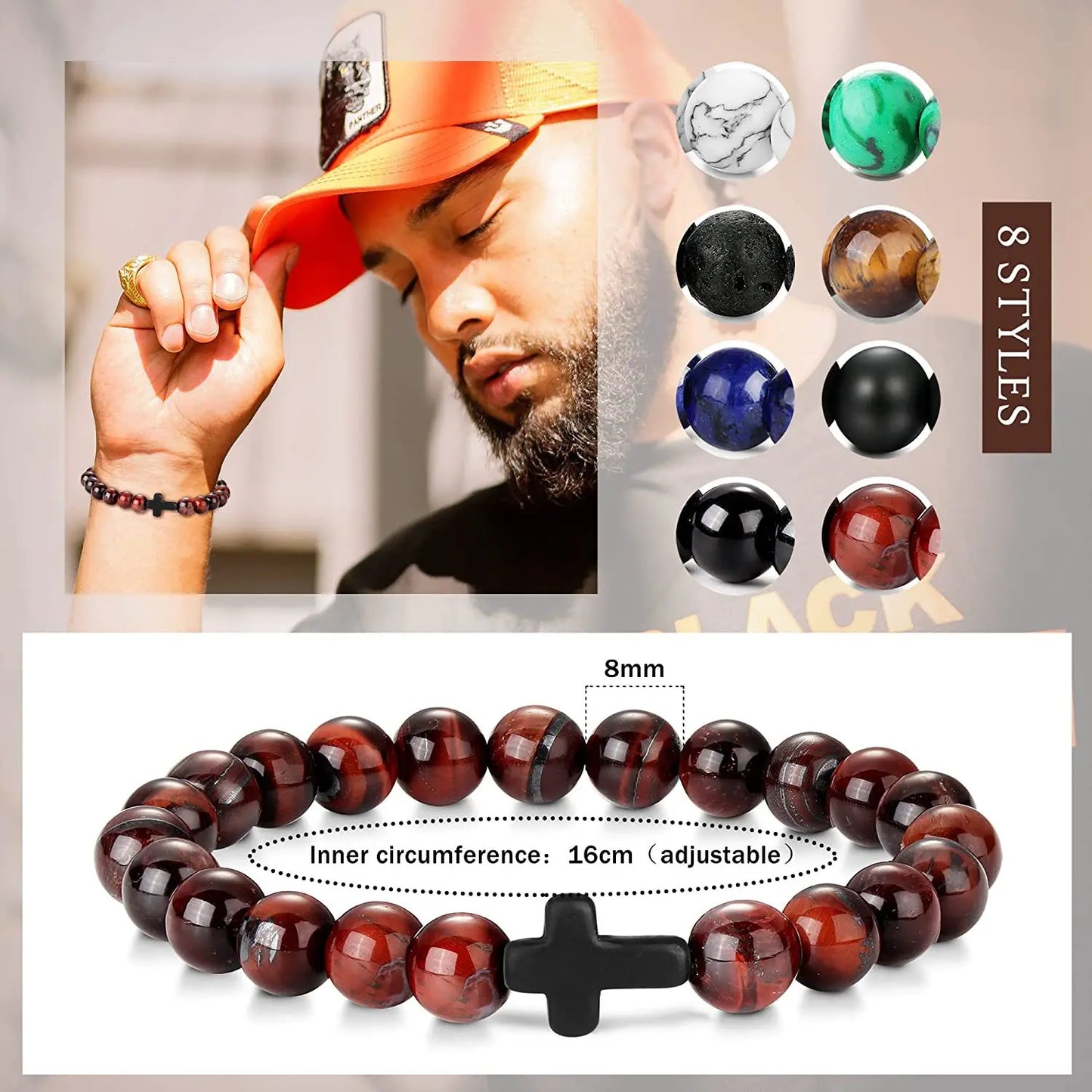 Natural Stone Wood Beads Rosary Hematite Cross Bracelets