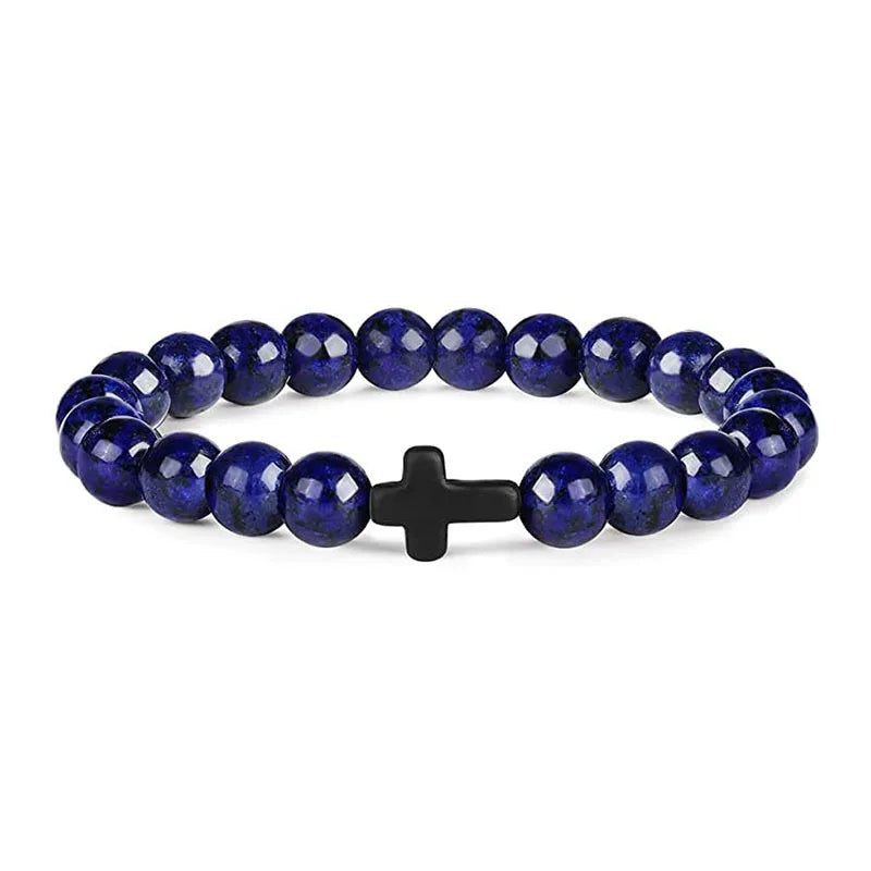 Natural Stone Wood Beads Rosary Hematite Cross Bracelets