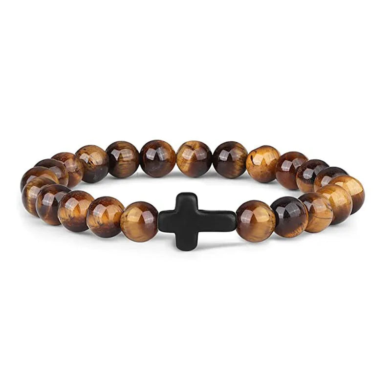 Natural Stone Wood Beads Rosary Hematite Cross Bracelets