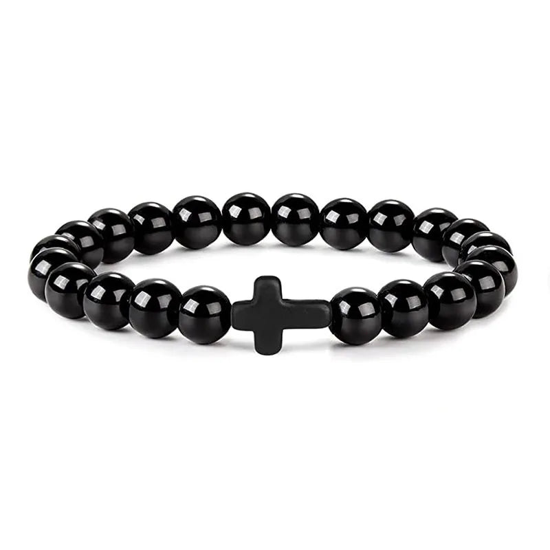 Natural Stone Wood Beads Rosary Hematite Cross Bracelets