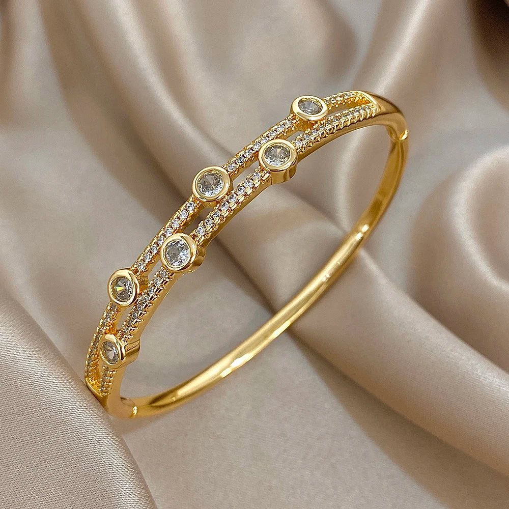 Unique Double Layer Rhinestone Bangle Bracelets for Women Fashion Gold Plated Copper Cuff Bracelet Jewelry Gifts