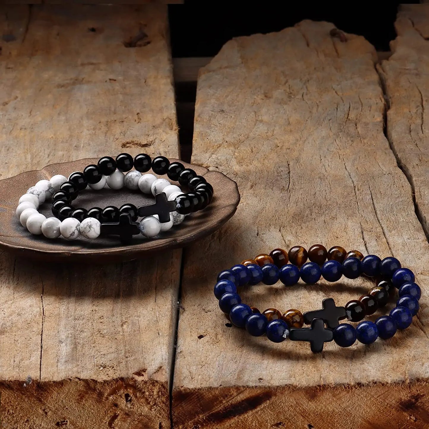 Natural Stone Wood Beads Rosary Hematite Cross Bracelets