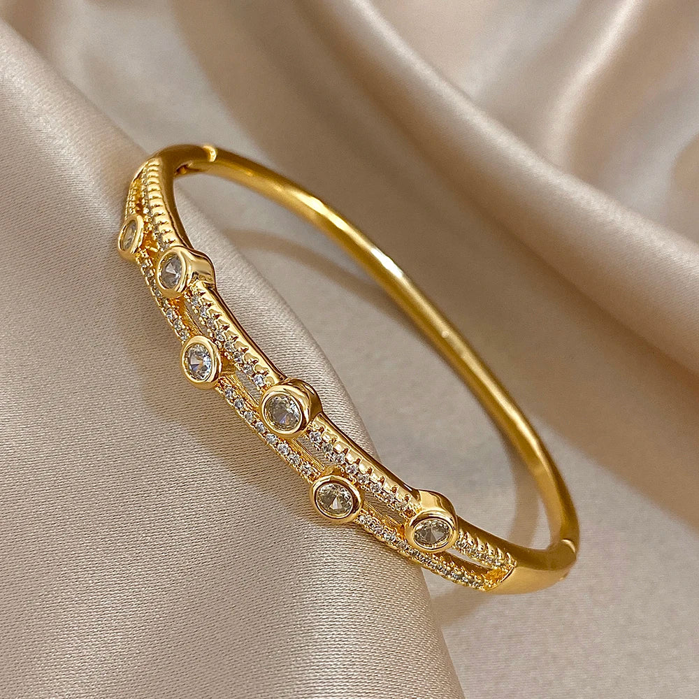 Unique Double Layer Rhinestone Bangle Bracelets for Women Fashion Gold Plated Copper Cuff Bracelet Jewelry Gifts