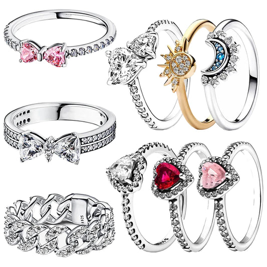 Original 925 Sterling Silver Ring Bow Heart Sun Moon With Colorful Crystal Rings
