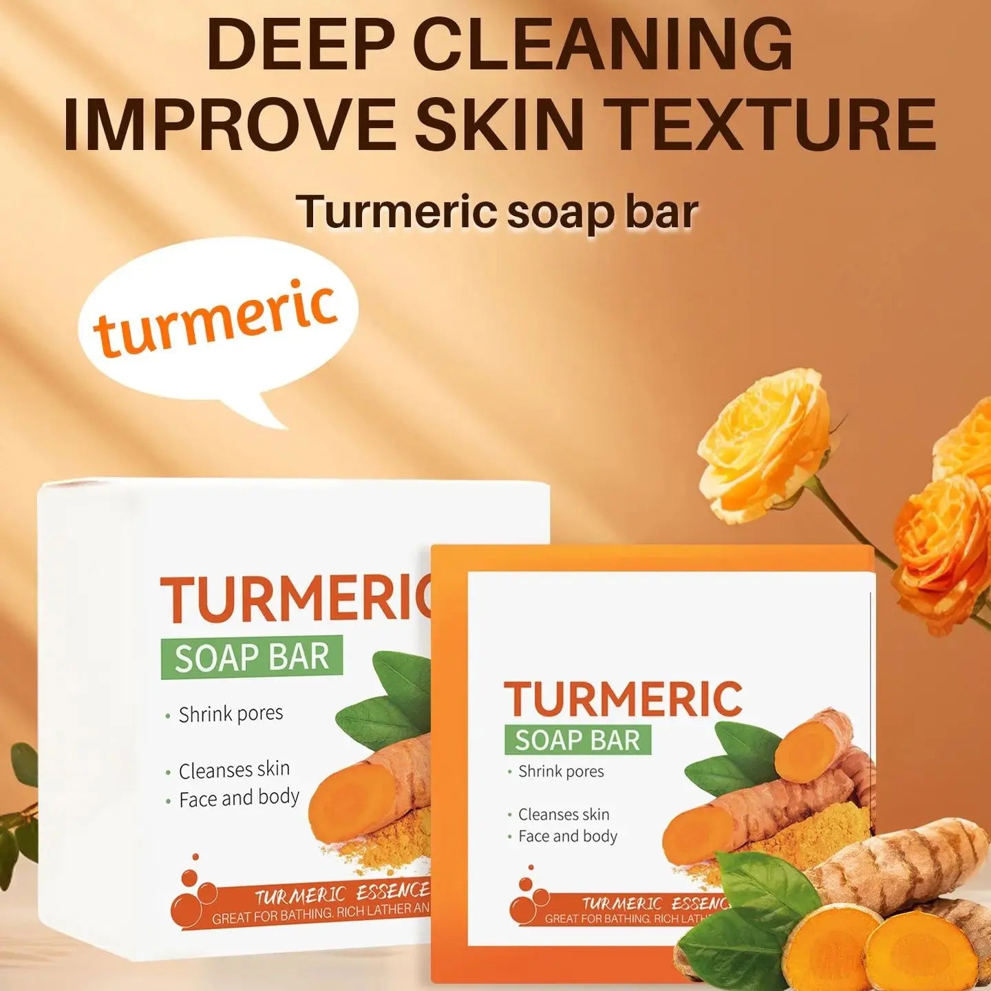 Turmeric soap, handmade and made from natural ingredients, for cleansing the body and lightening dark skin under the armpits and legs, body cleansers and lightening facial soap for skin care and beauty.