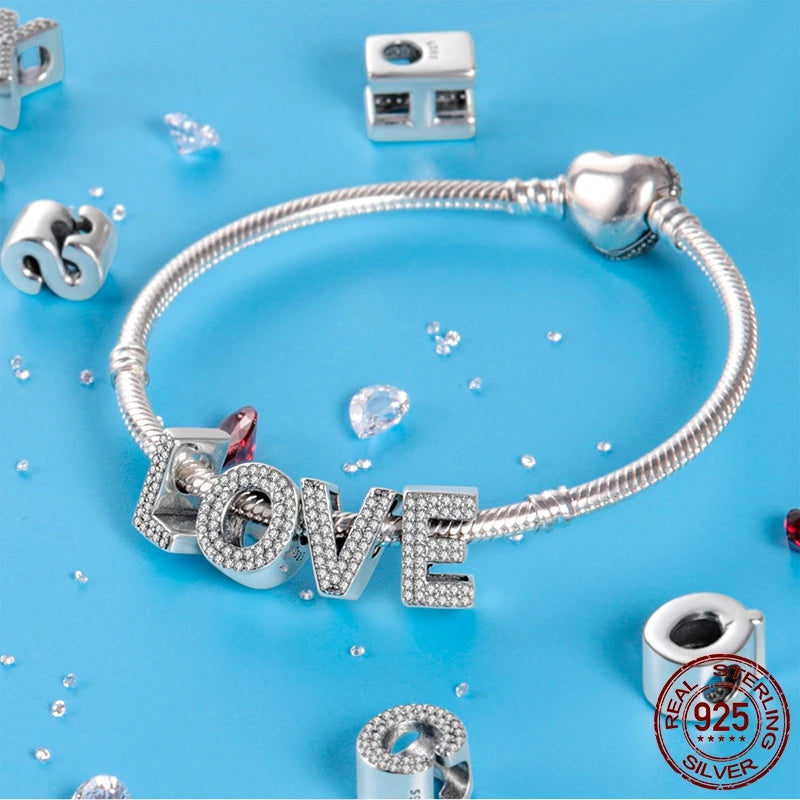 Fit Original Bangle Bracelet DIY A-Z Alphabet Charms Bead 925 Sterling Silver CZ Zircon LOVE Letter Dangle Pendant Jewelry Gift
