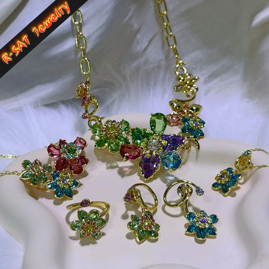 Original Jewelry Set New Color Flower Crystal Boutique Irregular Earring Exquisite Necklace Ring Bracelet Wedding Gift for Women