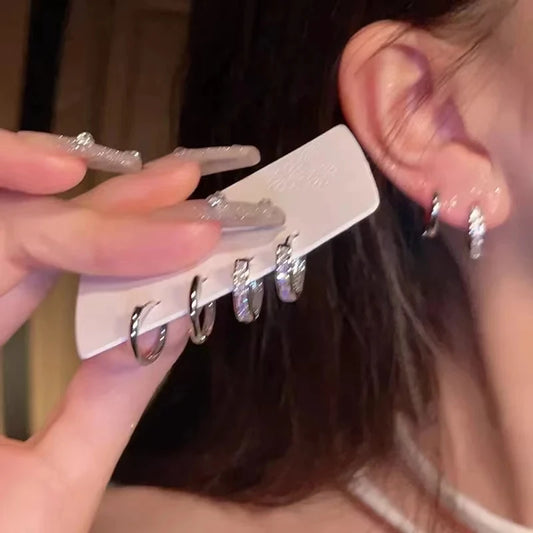 4Pcs/set  Crystal Small Hoop Earrings Silver Color New Y2K Cool Daily Wear Jewelry Girl's Gift