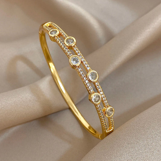 Unique Double Layer Rhinestone Bangle Bracelets for Women Fashion Gold Plated Copper Cuff Bracelet Jewelry Gifts