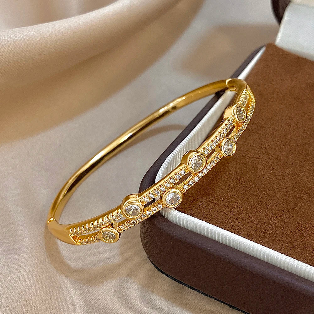 Unique Double Layer Rhinestone Bangle Bracelets for Women Fashion Gold Plated Copper Cuff Bracelet Jewelry Gifts