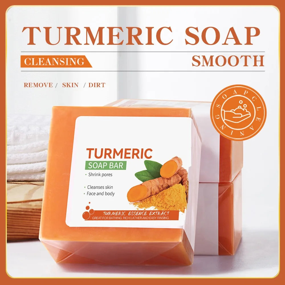 Turmeric soap, handmade and made from natural ingredients, for cleansing the body and lightening dark skin under the armpits and legs, body cleansers and lightening facial soap for skin care and beauty.