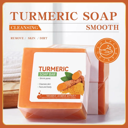 Turmeric soap, handmade and made from natural ingredients, for cleansing the body and lightening dark skin under the armpits and legs, body cleansers and lightening facial soap for skin care and beauty.