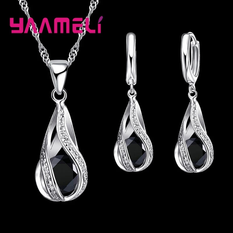 Hot Water Drop CZ 925 Sterling Silver Plated Jewelry Set For Women Pendant Necklace Hoop Earrings Wedding Party Ceremoey Anel