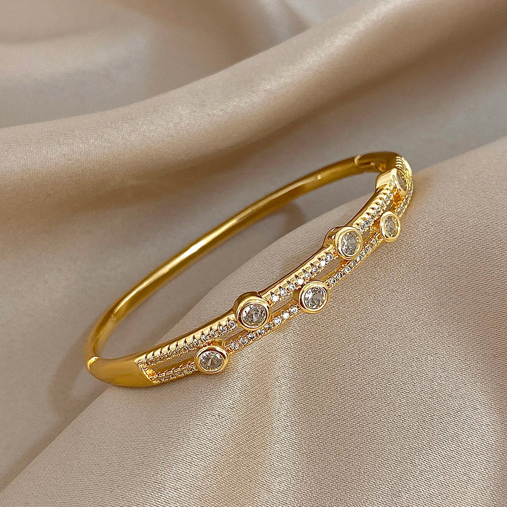 Unique Double Layer Rhinestone Bangle Bracelets for Women Fashion Gold Plated Copper Cuff Bracelet Jewelry Gifts